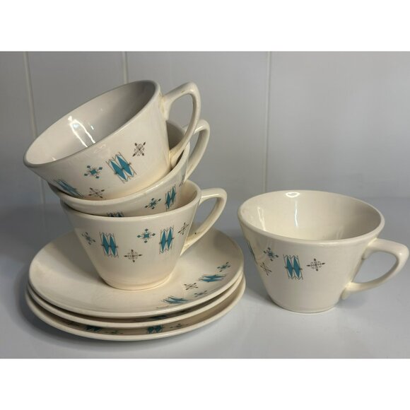 VTG 50s Salem American Ironstone Tea Coffee Cups & Saucers Set 4 Cups 3 Saucers - Picture 1 of 9